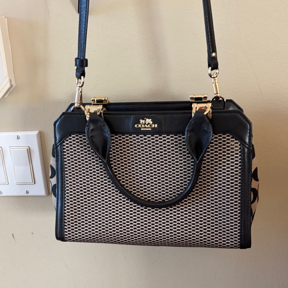 Coach Black and Beige Patterned Satchel with Gold Hardware